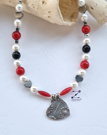 BIJUTERII ARGINT - Colier perle, coral, onix, hematit cu medalion inimioara argint - unicat