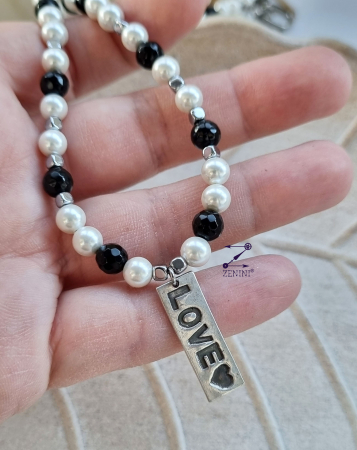 BIJUTERII ARGINT - Colier perle, onix, hematit cu medalion LOVE argint - unicat