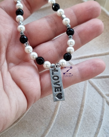 Colier perle, onix, hematit cu medalion LOVE argint - unicat [1]