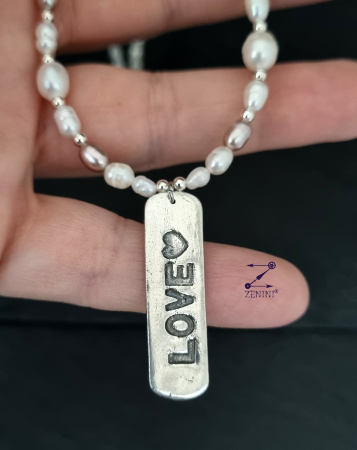 BIJUTERII ARGINT - Colier perle, onix, hematit cu medalion LOVE argint - unicat