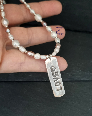 Colier perle, onix, hematit cu medalion LOVE argint - unicat [2]
