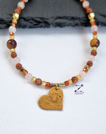 ALTE BIJUTERII - Colier piatra soarelui, cuart roz, agate, hematit cu medalion bronz papadie - unicat