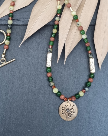 Bijuterii bronz - Colier piatra soarelui, jasp, jad, agate, lava si hematit cu medalion bronz papadie - unicat