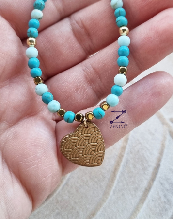 Colier turcoaze, jasp, agate, hematit cu medalion inimioara bronz - unicat [1]