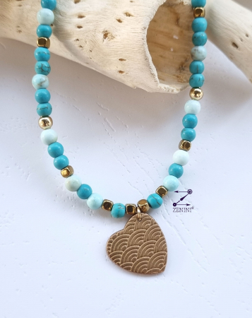 ALTE BIJUTERII - Colier turcoaze, jasp, agate, hematit cu medalion inimioara bronz - unicat