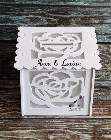 Cutii de dar botez - Cutie de dar cu model trandafir din PVC alb, personalizata, pentru nunta, 25 x 25 x 30 cm, capacitate de pana la 100 de plicuri