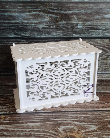 Cutii de dar botez - Cutie de dar eleganta cu model decupat din PVC alb, perfecta pentru nunta sau botez, 31 x 17 x 20 cm, capacitate de pana la 100 de plicuri