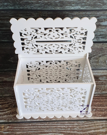 Cutie de dar eleganta cu model decupat din PVC alb, perfecta pentru nunta sau botez, 31 x 17 x 20 cm, capacitate de pana la 100 de plicuri [1]