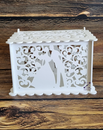 Cutie de dar personalizata, cu siluete de miri decupate din PVC alb, pentru nunta, 30 x 18 x 20 cm, capacitate de pana la 100 de plicuri [1]