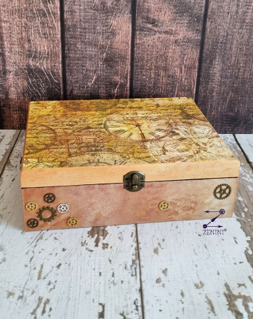 Cutii bijuterii - Cutie vintage cu model ceasuri si rotite de ceas aplicate