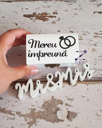 Cutiuta verighete din lemn Mereu impreuna, cu pernuta din satin catifelat - personalizata