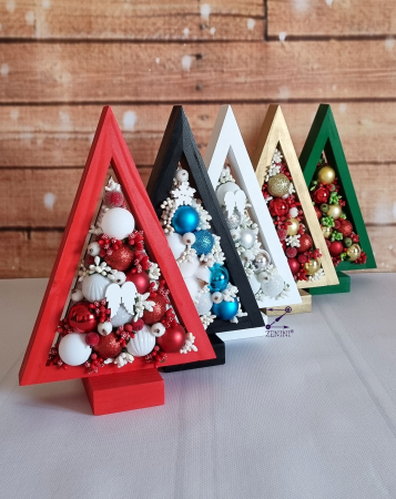 Mini decoratiune de Craciun: bradut din lemn impodobit cu globuri stralucitoare, 25cm [2]