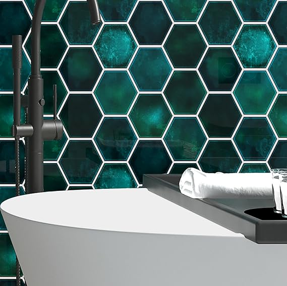 Set 16 autocolante Livelynine pentru perete, 3D hexagon, verde smarald, 30x30 cm, stickere decorative impermeabile pentru bucatarie, baie, semineu [3]