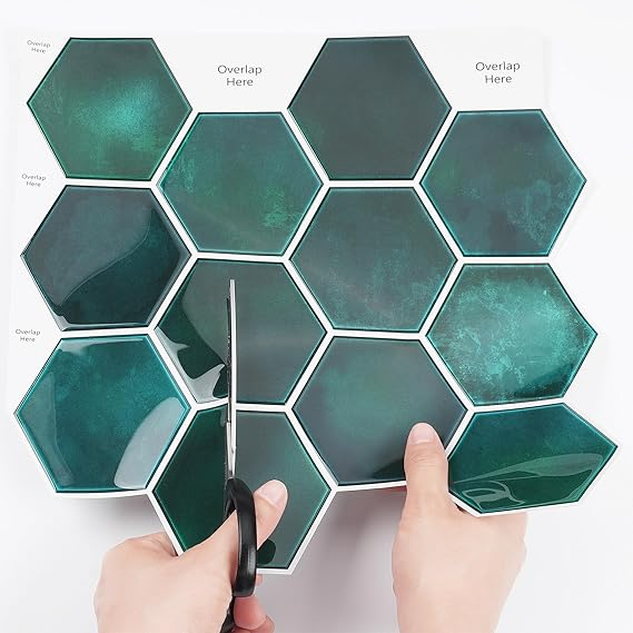 Set 16 autocolante Livelynine pentru perete, 3D hexagon, verde smarald, 30x30 cm, stickere decorative impermeabile pentru bucatarie, baie, semineu [5]
