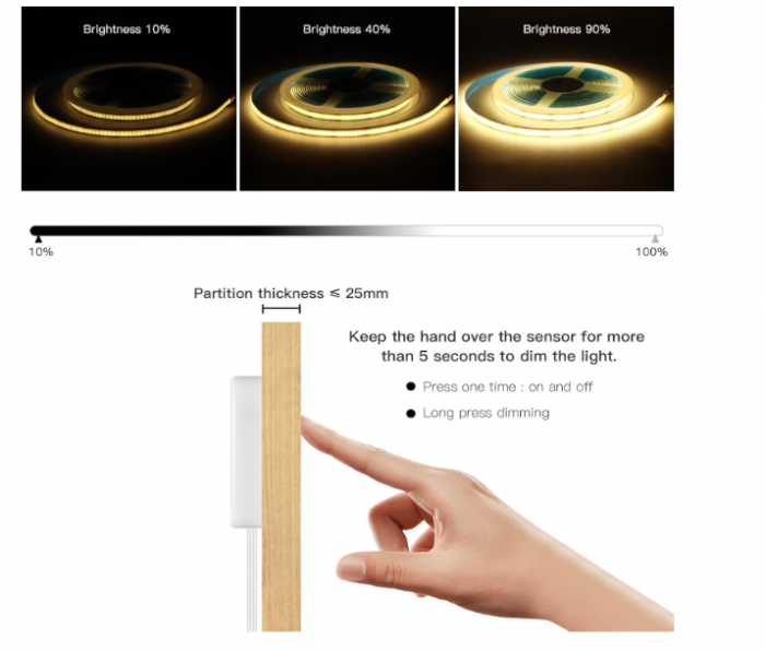 Bandă LED COB 3 m 5 V USB – dimabilă cu control touch/wave, alb cald, IP67 [2]