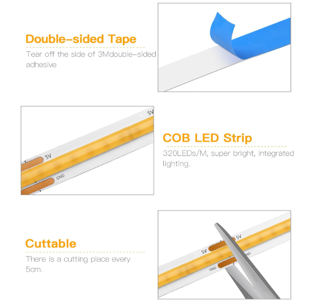 Bandă LED COB 3 m 5 V USB – dimabilă cu control touch/wave, alb cald, IP67 [4]