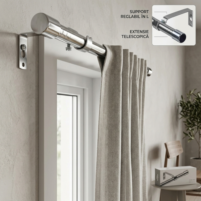 Bara pentru perdea metalica, extensibila 76-226 cm, diametru 1,6 cm, culoare argintie, cu console de montare, galerie decorativa pentru fereastra [2]