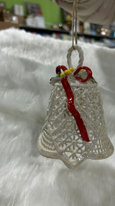 Clopotel Decorativ din Portelan Fin, Model Dantelat "Lace", Decorat cu Funda Rosie si Impletitura Aurie, Inaltime 10 cm, Alb Perlat [3]