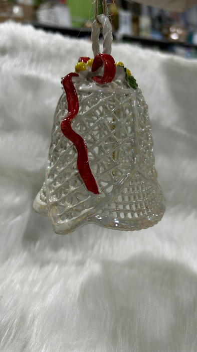 Clopotel Decorativ din Portelan Fin, Model Dantelat "Lace", Decorat cu Funda Rosie si Impletitura Aurie, Inaltime 10 cm, Alb Perlat [8]