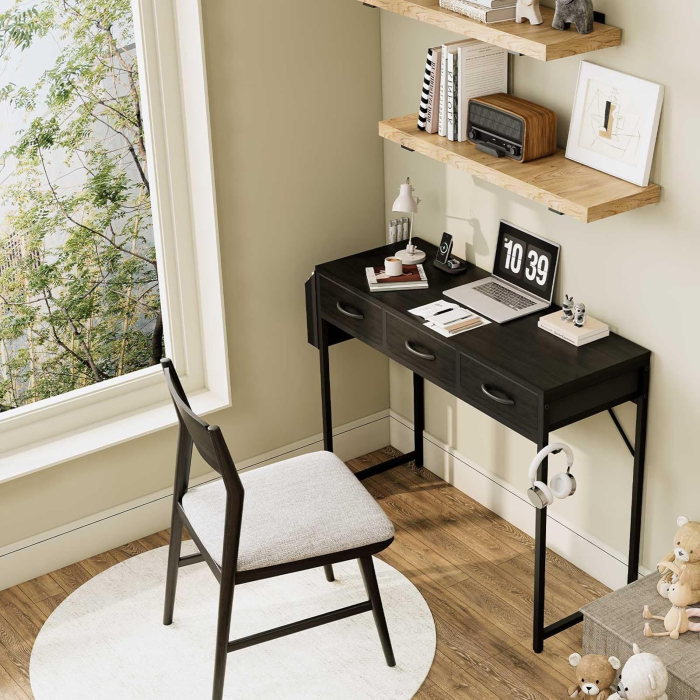 Birou PC 100 cm cu sertare, buzunar depozitare şi cârlig pentru căşti – negru [7]