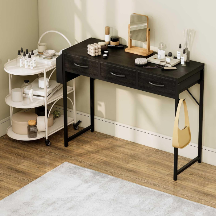 Birou PC 100 cm cu sertare, buzunar depozitare şi cârlig pentru căşti – negru [5]