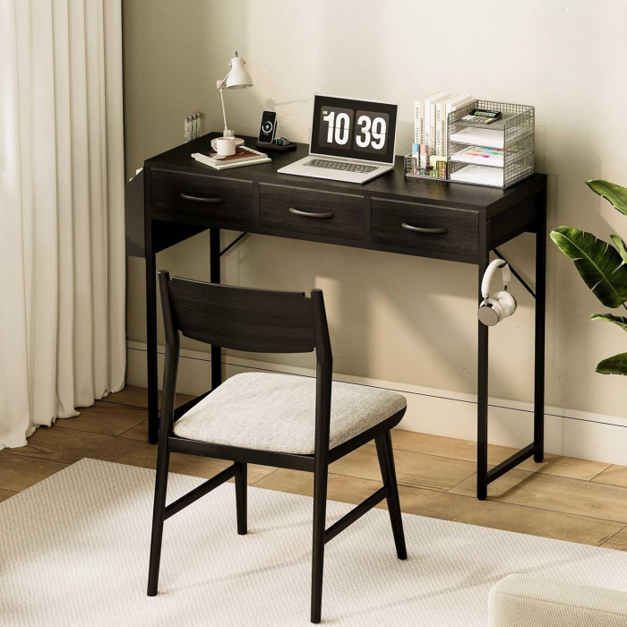 Birou PC 100 cm cu sertare, buzunar depozitare şi cârlig pentru căşti – negru [4]