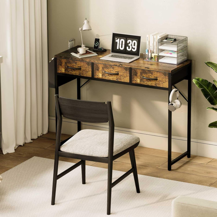 Birou PC 100 cm cu sertare, buzunar depozitare şi cârlig pentru căşti – Vintage [3]