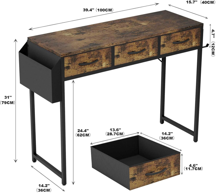 Birou PC 100 cm cu sertare, buzunar depozitare şi cârlig pentru căşti – Vintage [2]