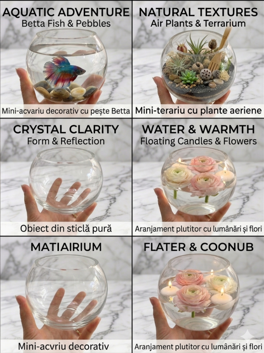 Bol decorativ din sticla tip glob, 10 cm inaltime, diametru deschidere 6 cm, vaza mica, suport lumanare, aranjamente [4]