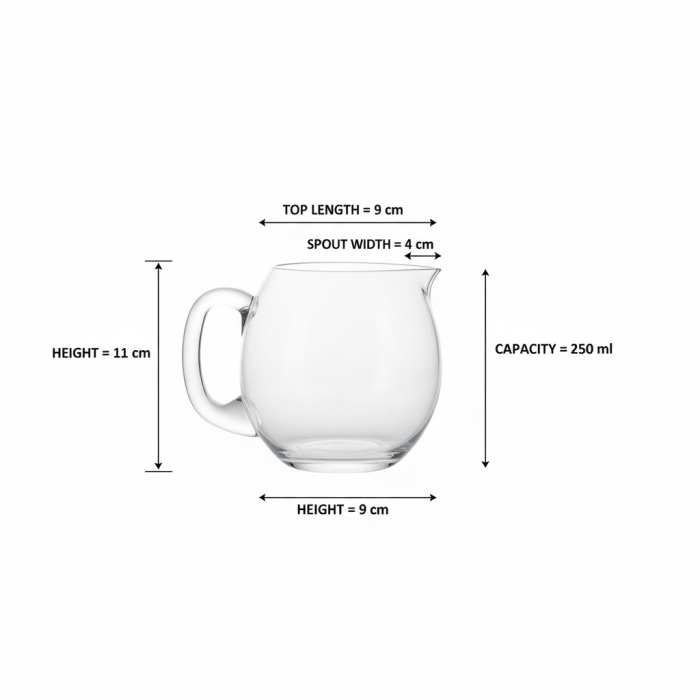 Cană din sticlă transparentă cu mâner și cioc de turnare, H 11 cm, deschidere ovală 4×9 cm, 250 ml, pentru ceai, cafea, lapte, sosuri, uz casnic & HoReCa [6]