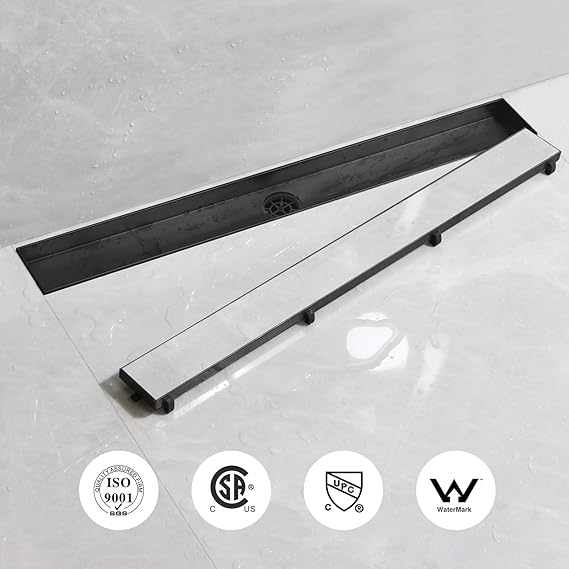 Rigola dus liniara SaniteModar, 110 cm, otel inoxidabil 304, negru, cu sifon 360°, picioare reglabile, panou 2-in-1 tile insert [3]