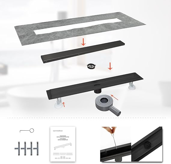 Rigola dus liniara SaniteModar, 110 cm, otel inoxidabil 304, negru, cu sifon 360°, picioare reglabile, panou 2-in-1 tile insert [4]