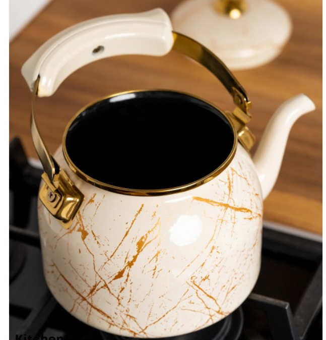 Ceainic emailat, 2.5 litri, compatibil cu toate sursele de caldura, maner termorezistent, Goldmann, bej [8]