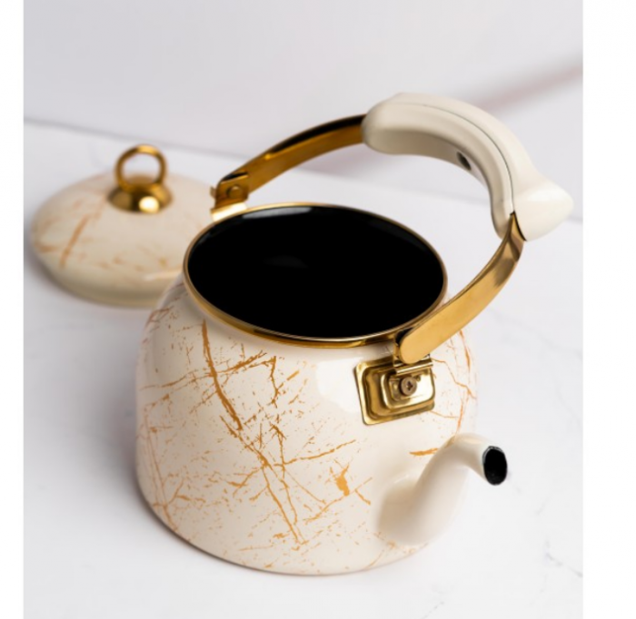 Ceainic emailat, 2.5 litri, compatibil cu toate sursele de caldura, maner termorezistent, Goldmann, bej [11]