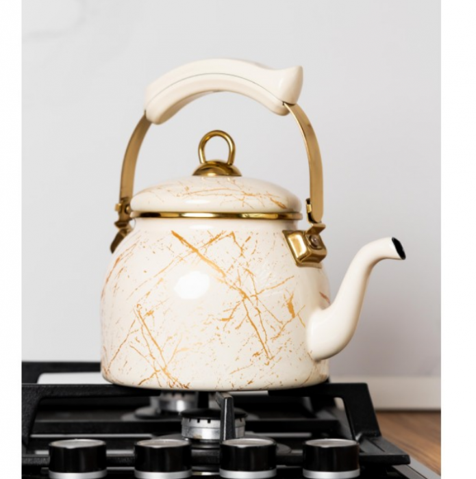 Ceainic emailat, 2.5 litri, compatibil cu toate sursele de caldura, maner termorezistent, Goldmann, bej [3]