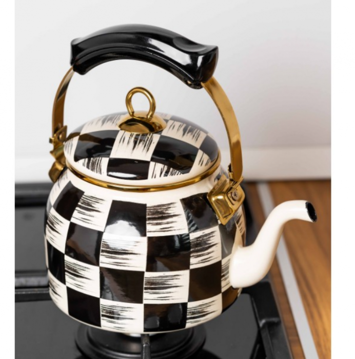 Ceainic emailat, 2.5 litri, compatibil cu toate sursele de caldura, maner termorezistent, Goldmann, patratele alb-negru [7]