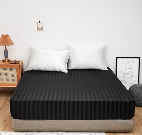 Cearceaf 140×200 cm Satin negru cu Dungi – Respirant, Elastic Integral, Bonnet 15–30 cm [3]