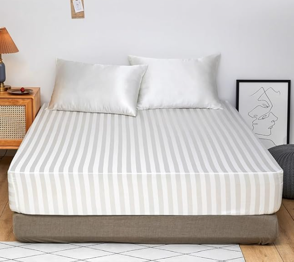 Cearceaf 140×200 cm Satin crem cu Dungi – Respirant, Elastic Integral, Bonnet 15–30 cm [3]