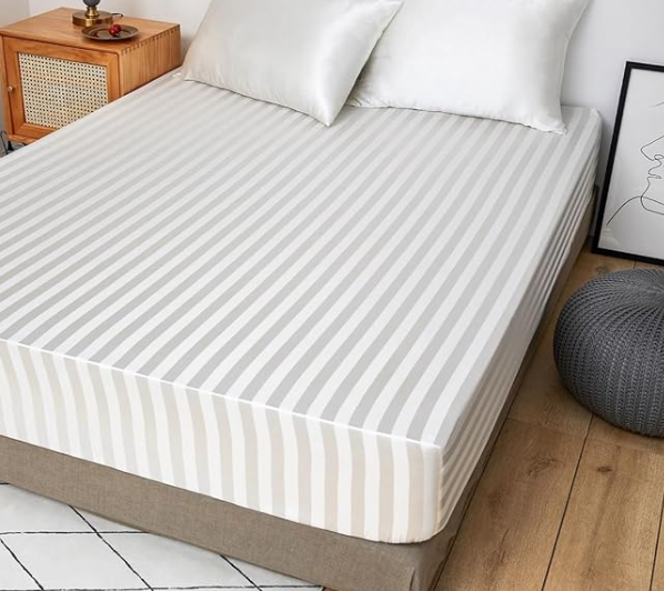Cearceaf 140×200 cm Satin crem cu Dungi – Respirant, Elastic Integral, Bonnet 15–30 cm [2]