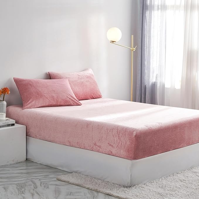 Cearsaf cu elastic pufos 140x200 cm, roz deschis, velur calduros, pentru saltea inalta 25-30 cm [3]
