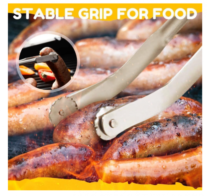 Clește grătar inox pentru cârnați/hot‑dog, rotativ & reversibil, ușor de utilizat – accesoriu BBQ alimentar [2]