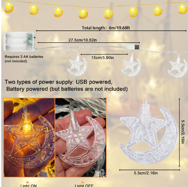 Ghirlanda decorativa LED 6m, 40 diode, motiv luna si stele, cu timer, Roselee [4]