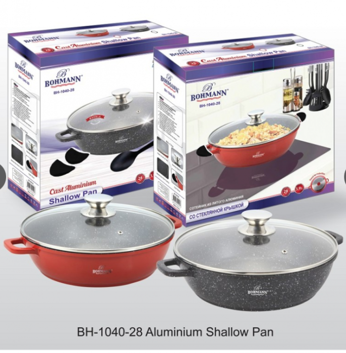 Cratita din aluminiu 28x28x7.5cm, cu capac, marmorata, cu lingura din teflon, Bohmann [2]