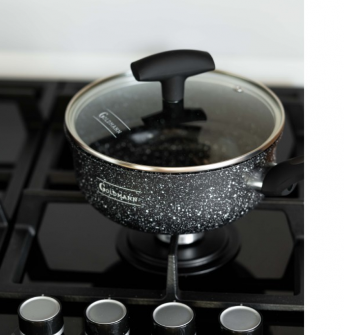 Cratita pentru sos, 20x9.5cm, acoperire ceramica, maner soft touch, capac sticla, Goldmann, marmorata [4]