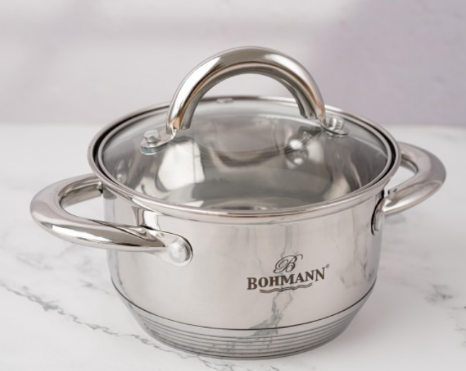 Cratita din inox 500 ml, 12x10cm, Bohmann cu capac din sticla, 5mm grosime, toate sursele de caldura [3]