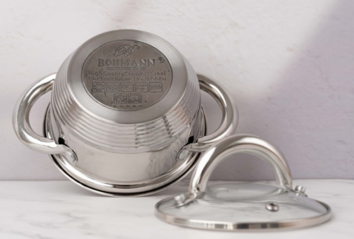Cratita din inox 500 ml, 12x10cm, Bohmann cu capac din sticla, 5mm grosime, toate sursele de caldura [6]