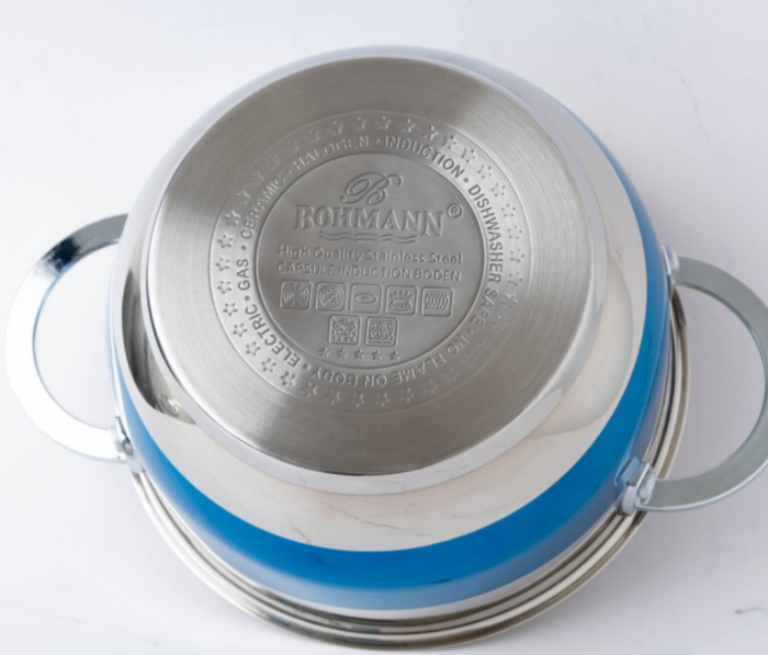 Cratita din inox, 5.9l, 24cm, capac sticla termorezistent, inclusiv inductie, Bohmann, Albastra [5]