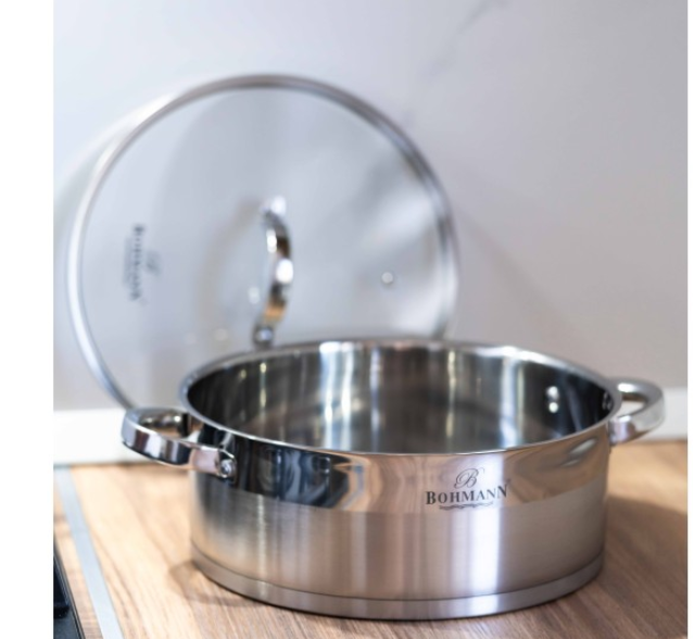 Cratita joasa din inox, 26 x 10cm, 5 litri, compatibila cu plita cu inductie, cu capac din sticla, Bohmann [8]