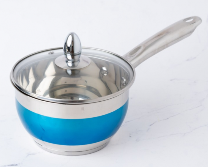 Cratita pentru sos din inox, 2.5l, 18cm, capac sticla termorezistent, inclusiv inductie, Bohmann, Albastra [2]