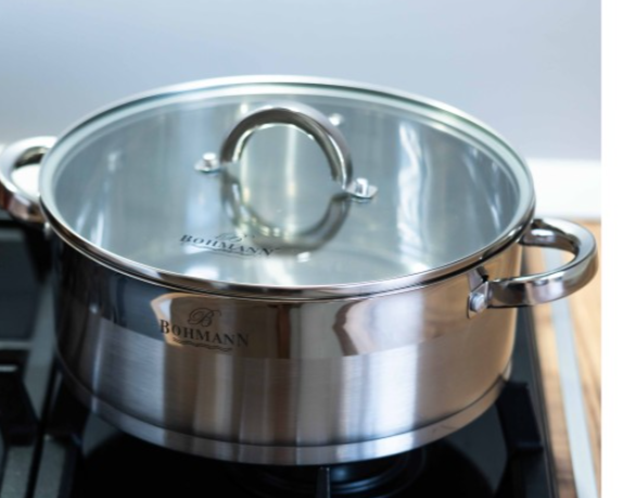 Cratita joasa din inox, 24 x 10cm, 4 litri, compatibila cu plita cu inductie, cu capac din sticla, Bohmann [5]